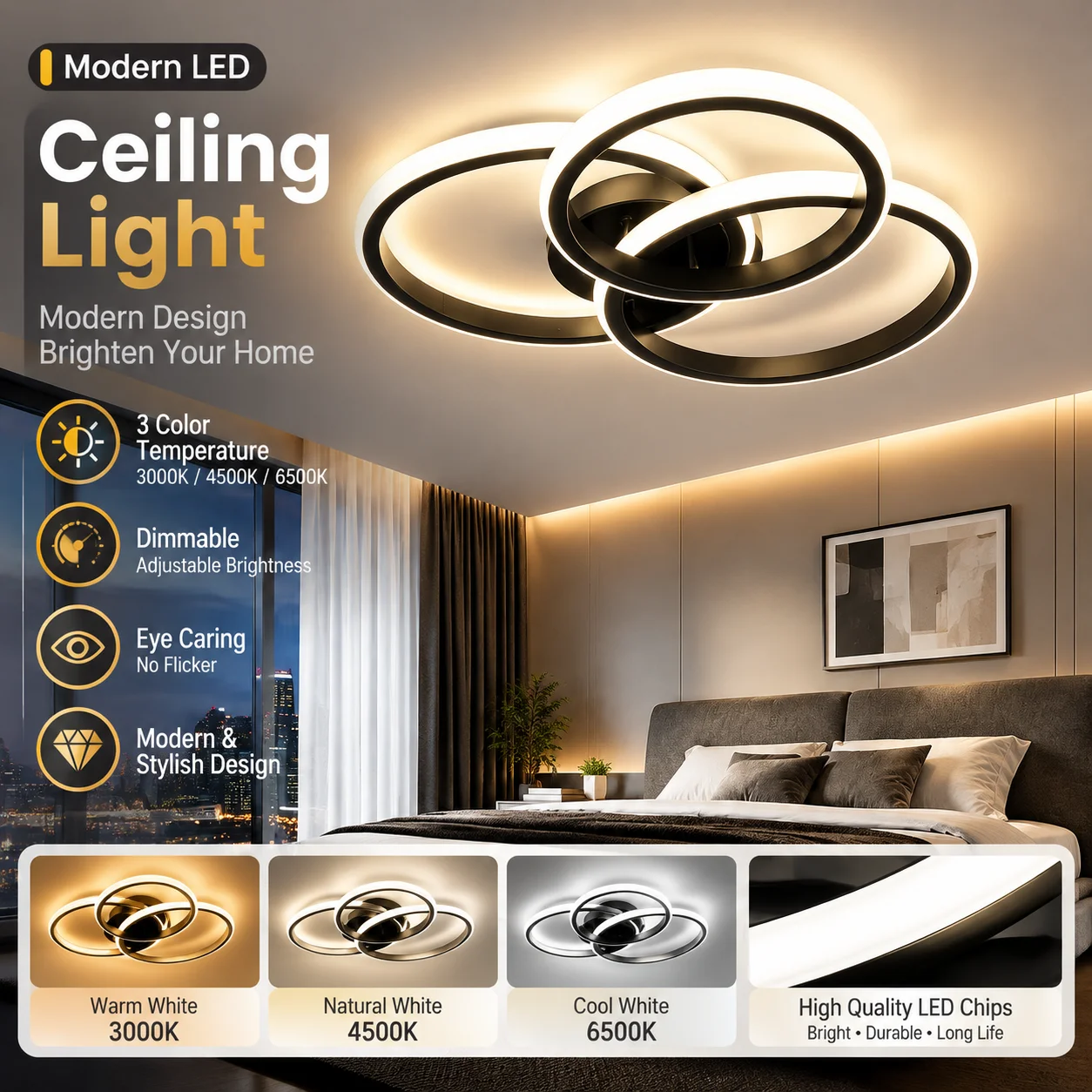 Modern LED Ceiling Light Fixtures Square Flush Mount Lamp for Living Room Dining Room Bedroom Kitchen Energy Efficient Lighting