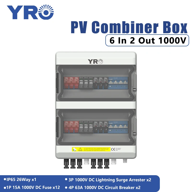 PV Combiner Box 6 input 2 output DC1200V Solar Photovoltaic With Lightning Protection Fuse MCB SPD Waterproof Box IP65 26ways