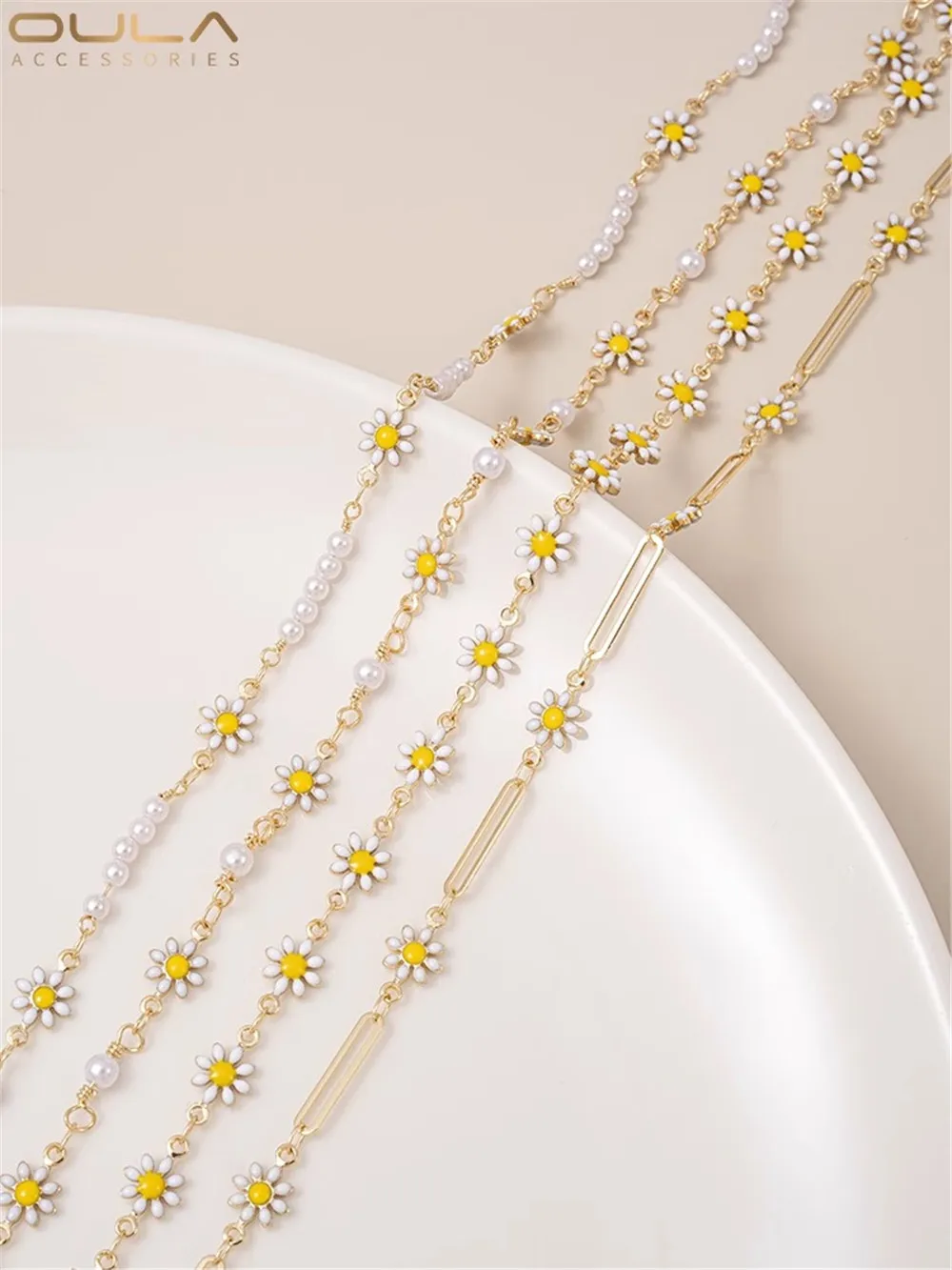 

14K Gold-plated Daisy Pearl Small Flower Chain Handmade DIY Homemade Bracelet Necklace Jewelry Handmade Loose Chain