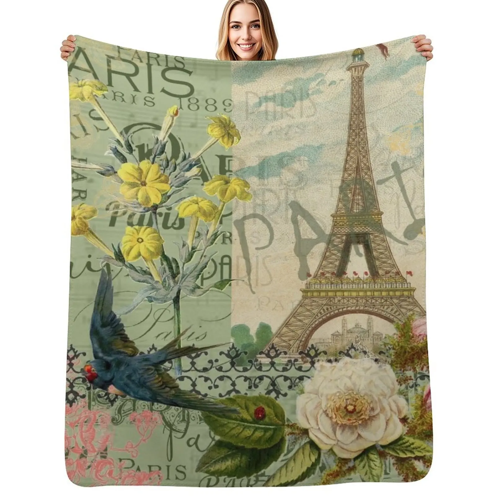 Paris France Travel Graphic Art Collage Throw Blanket Beautifuls Hairys Flannels Beach Cute Plaid Blankets