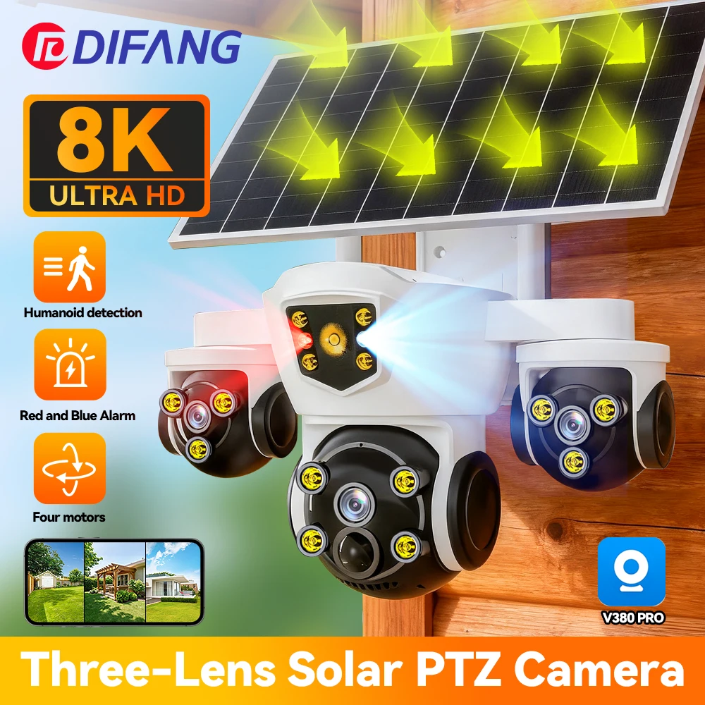 

DIFANG 4G LTE 8K 15MP Three Screen Wireless Solar Camera 10X Zoom PTZ Home Surveillance Farm Solar CCTV WiFi V380 Pro