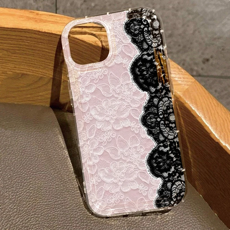 Capa de Telefone Vogue Rosa e Preto com Renda para Samsung S26 Ultra S25 S24 Plus S21 S22 S23 FE A15 A35 A55 A34 A54 A53 4G 5G