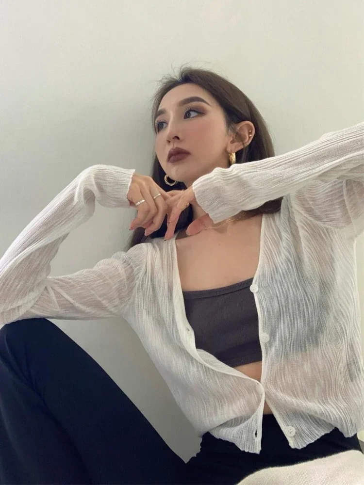Sun-protection Jackets Women V-neck Lady Coat Korean Fashion Retro Breathable See Through Summer Casual Mujer Harajuku Sun-proof