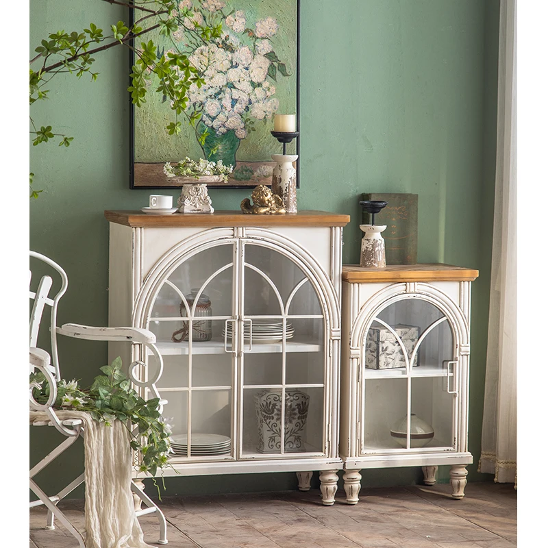 Contemporary European Vintage Kitchen Retro White Metal Storage Cabinet showcase Display Stand Dining Living Room Furniture