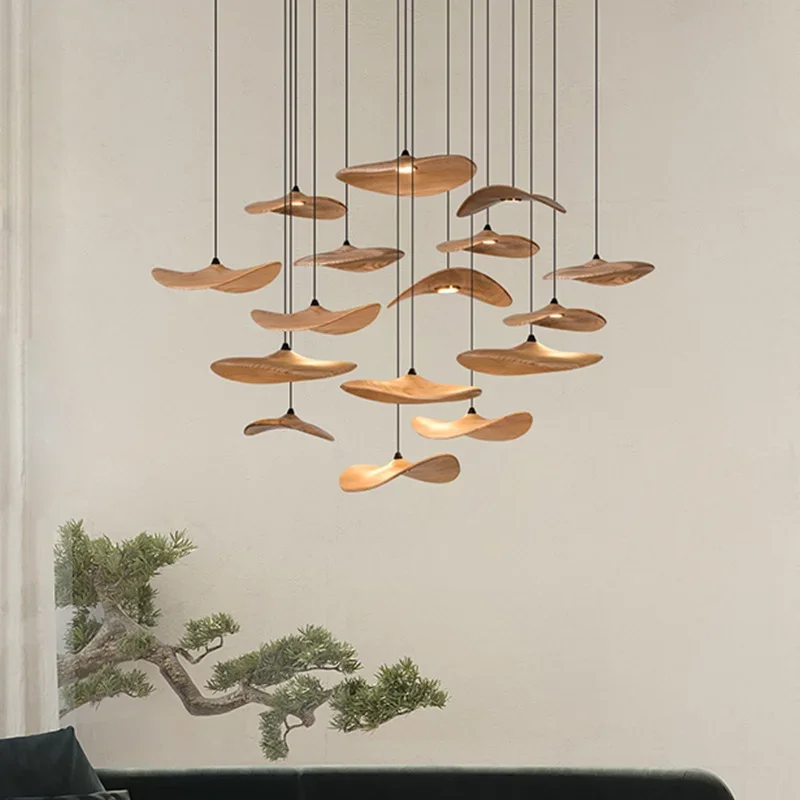 

Lotus Leaf Chandelier Wabi Sabi Solid Wood Lamp Living Dining Room Tea room Villa Duplex Kitchen Island Linear Light Japanese