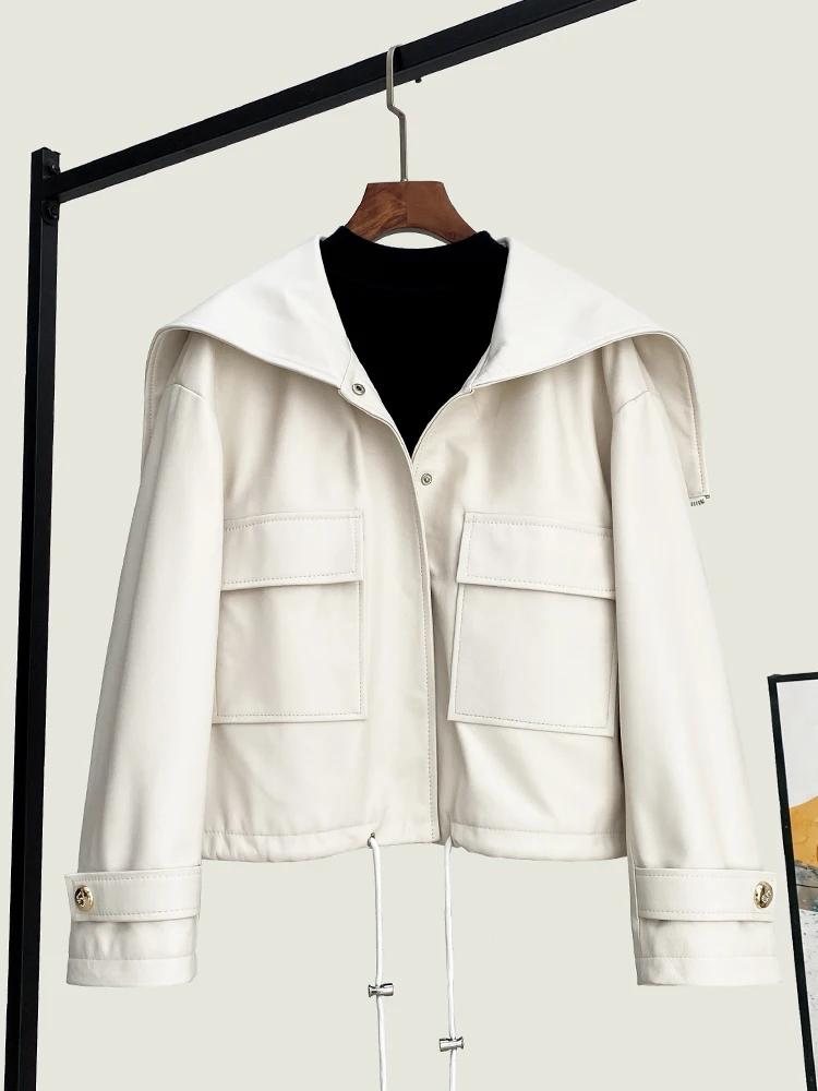 2025 Autumn New Genuine Leather Jacket For Women Navy Collar Sheepskin Leather Loose Fashionable Slim Hooded Drawstring Coat