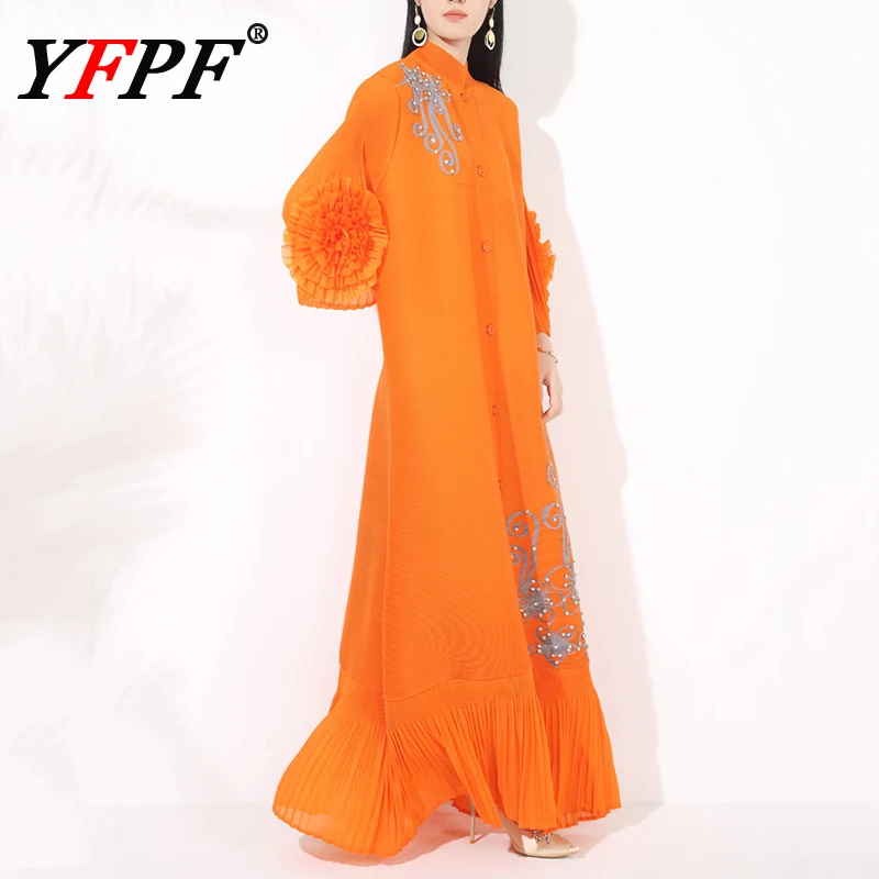 

YFPF Miyake Pleated Design Long Dress Women 3D Floral Sleeve Button Floral Printing Loose Dresses 2025 New Clothing 3A358