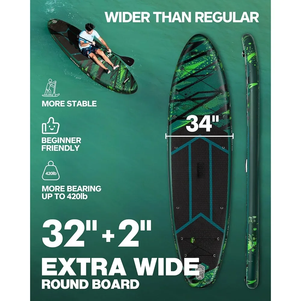 Inflatable Vertical Paddle Board, Ultra Wide SUP Inflatable Paddle Board, 15 D-rings, 3 Detachable Fins, Double Acting Pump