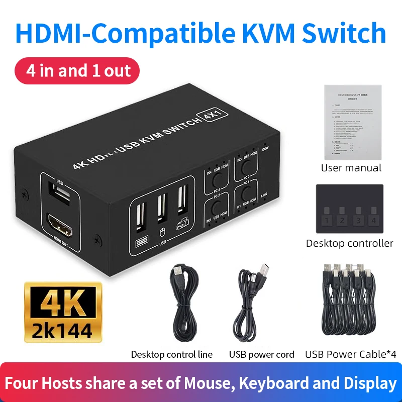 

BLIKVM HDMI-совместимый переключатель KVM для ноутбука с 4 портами конвертер 4 в 1 выход USB мышь клавиатура дисплей для KVM