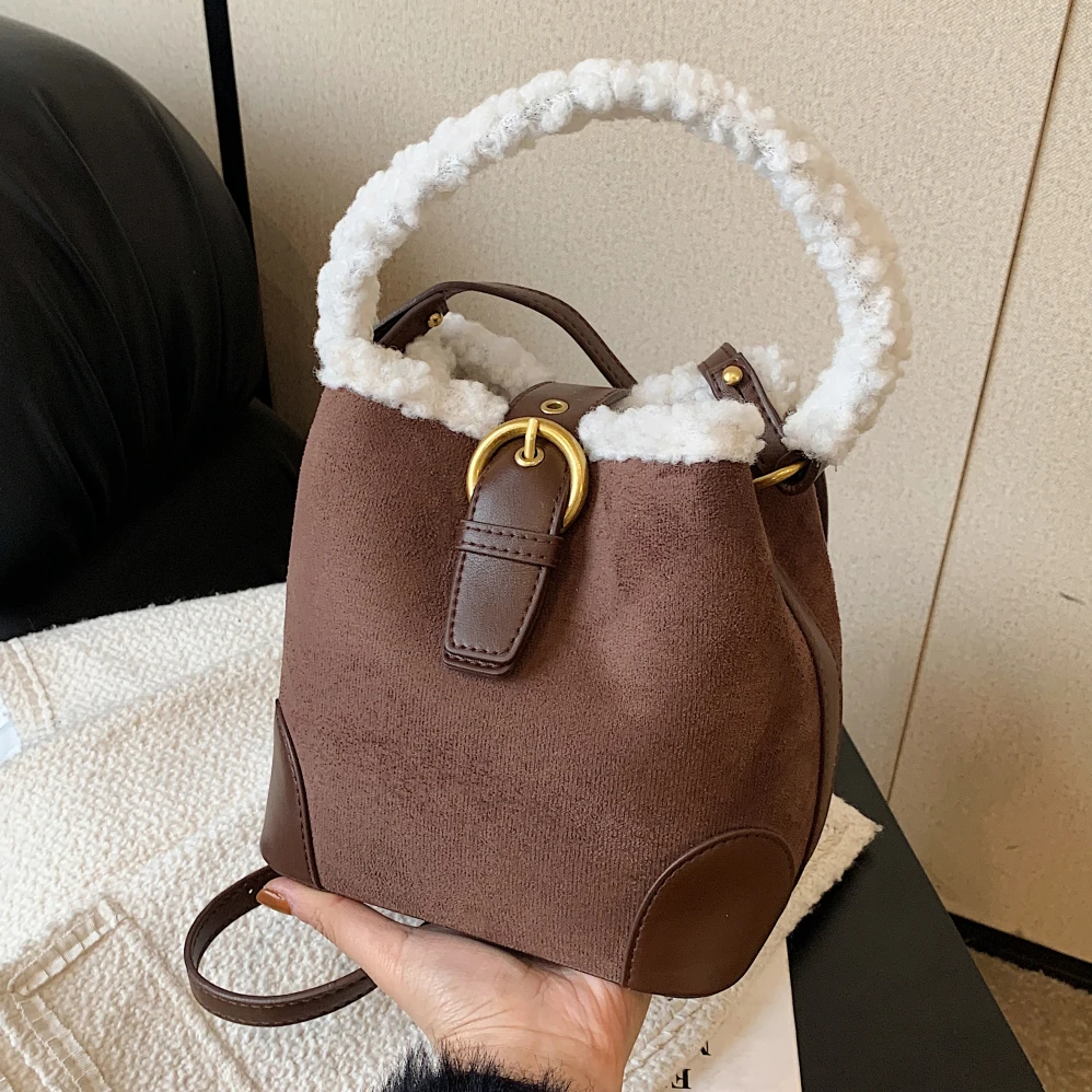 Mini Bucket Crossbody Bag For Women Luxury Suede Leather Shoulder Bag Designer Female Bag Warm Lamb Woolen Handle Winter Handbag