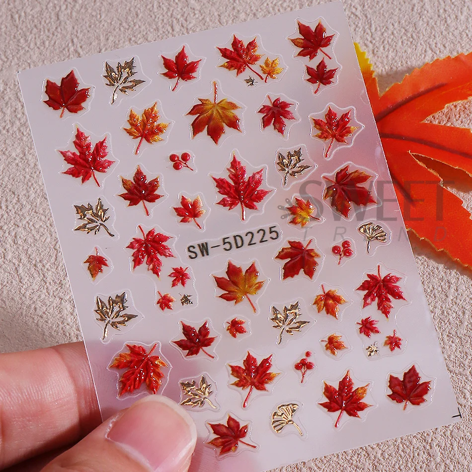 2 Stück 5D geprägte Ahornblatt-Nagelkunst-Aufkleber, herbstrotte Ahornblätter mit goldenen Adern, selbstklebende Nagelsticker, Herbst-Maniküre-Dekoration – Detail 7