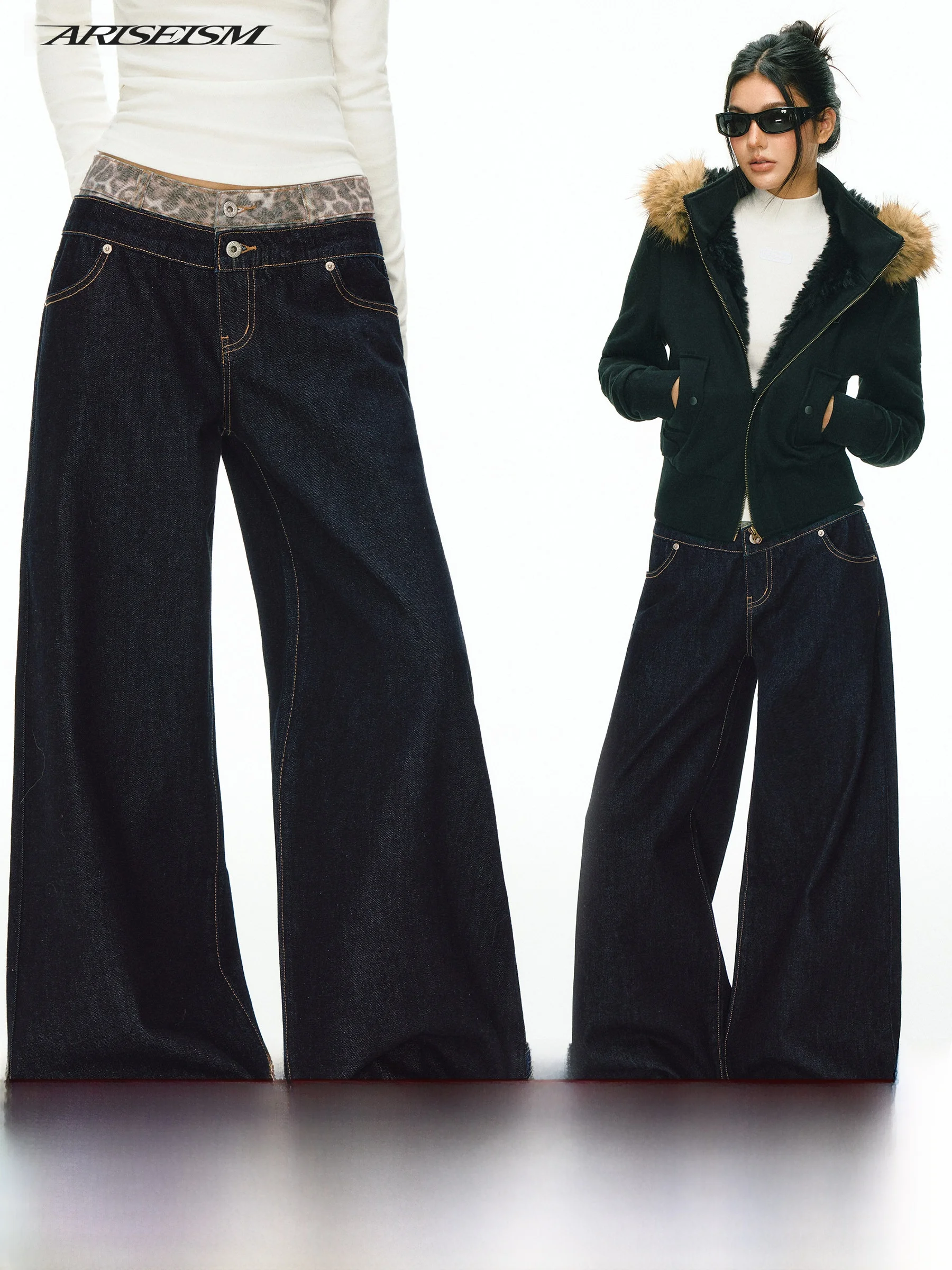 

Джинсы Ariseism в американском ретро-стиле с пэчворком на талии, женские, зимние, новые, длинные, хлопковые, с низкой посадкой, уличный стиль, с леопардовым принтом