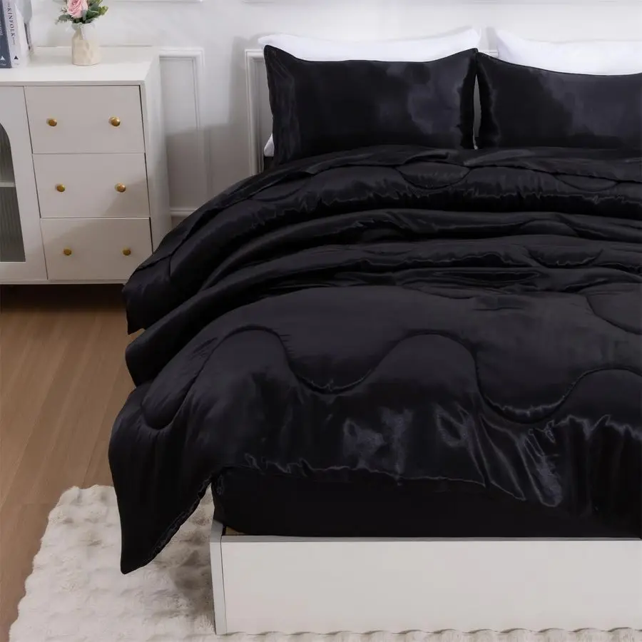 

Satin Silky Soft Quilt Luxury Super Soft Microfiber Bedding Thin Comforter Set Full Queen, Light Weighted Black, Queen