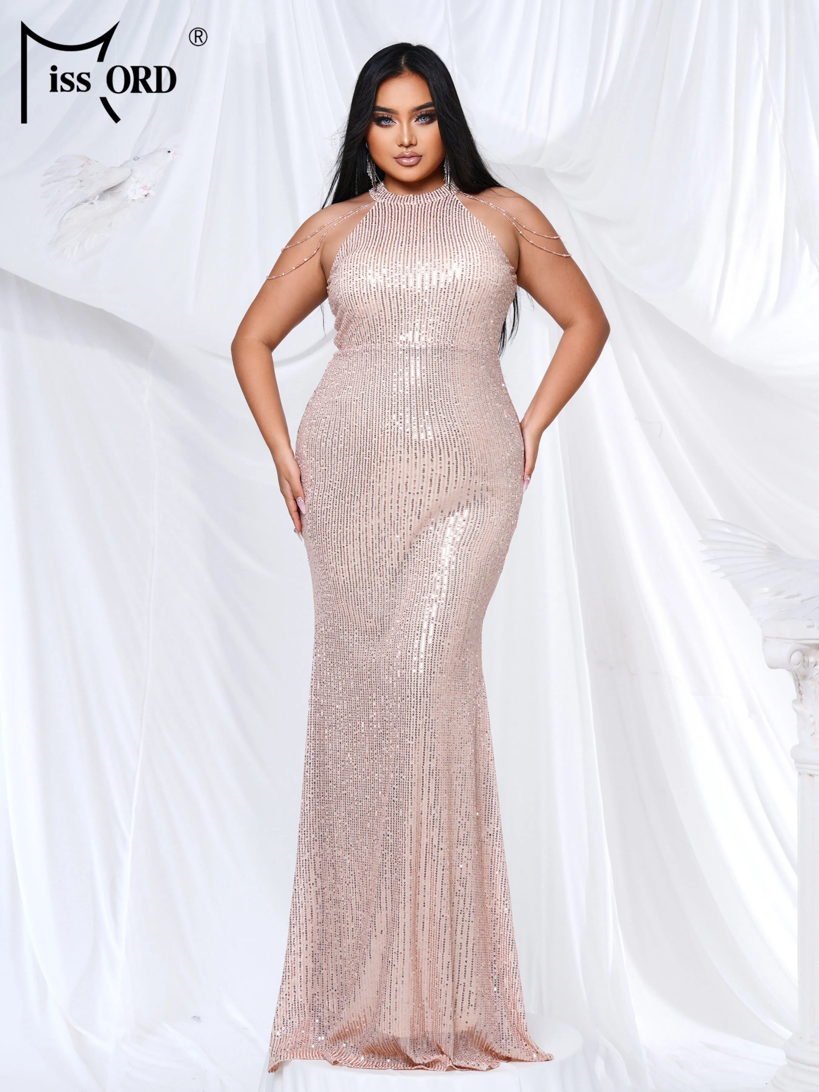 

Missord 2026 Plus Size Golden Halter Round Neck Sleeveless Sequin Mermaid Evening Gown Graduation Performance Maxi Dresses