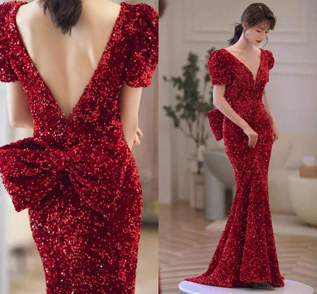 

2022 New Dark Red Dubai Formal Evening Dress V-neck Backless Sequin Mermaid Prom Party Gowns Robe De Soiree Vestidos Fiesta