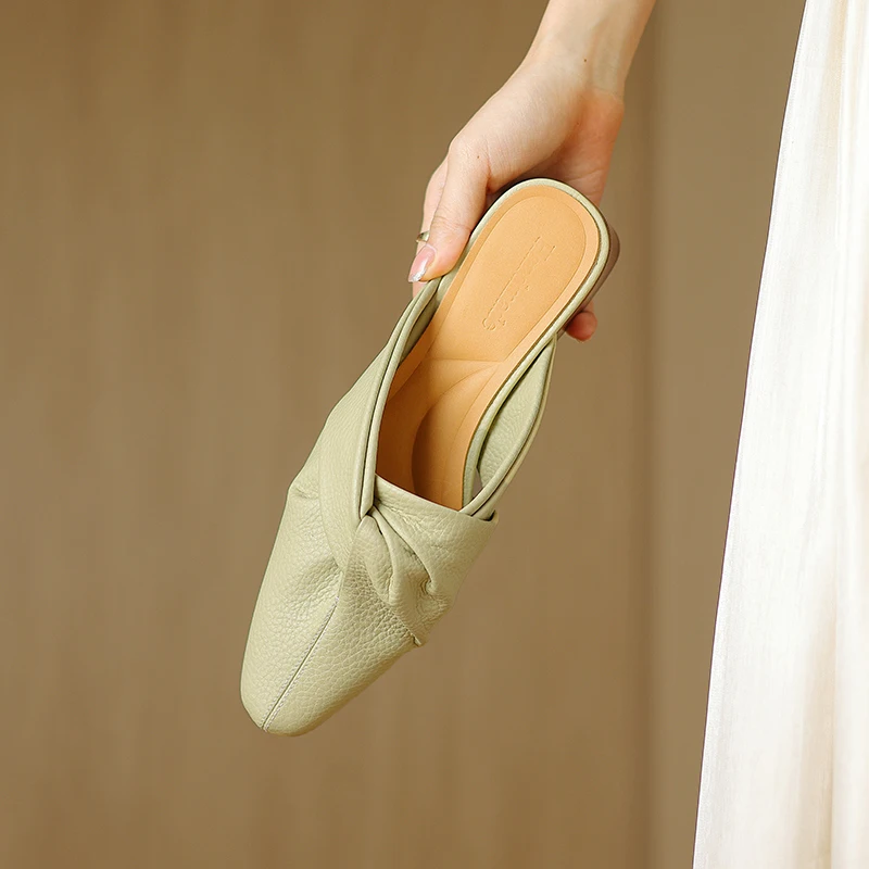 Woman Mullers Summer Sandals Elegant Ladies Square Toe Pleated Mules Spring Vintage Med Heel Shoes Beige Apricot Women Slippers