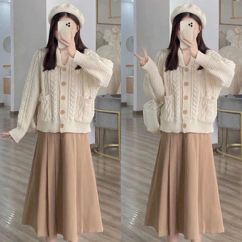 Autumn Women Graceful Button Sweater Cardigan Skirts Two Piece Set Korean Lady Knit Jackets Midi Skirt Outfits 2023 New Knitwear