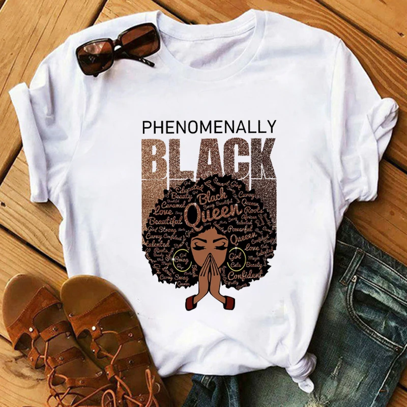 Fashion Print T-shirt Kawaii Melanin T Shirt Women Funny Black African Curly Hair Girl Graphic Tees Aesthetic Tshirt Female