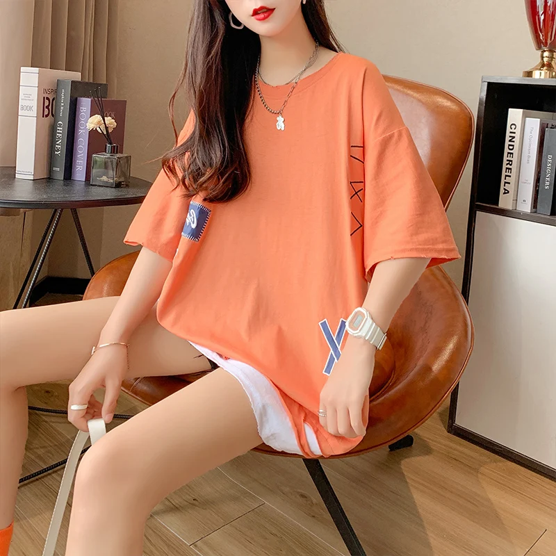 

Explosive Street Mid length New Embroidered Perforated Fake Two Piece Short sleeved T-shirt Large Women's Wear