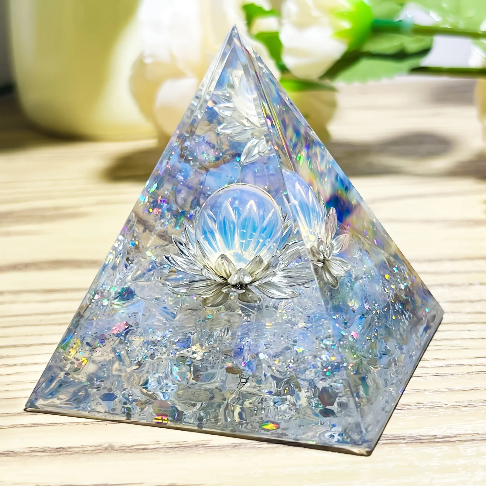1PC White Lotus Flower Opal Orgone Pyramid Decorative Home Piece Life Flower Design Energy Pyramid for Interior Decoration