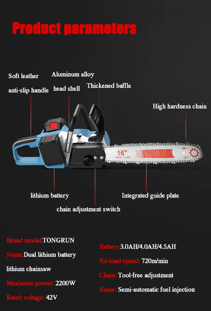 YYHC-16 Inch Electric Chain Saw Heavy Duty Professional Logging Saw Cordless High Power Lithium Electric Saw