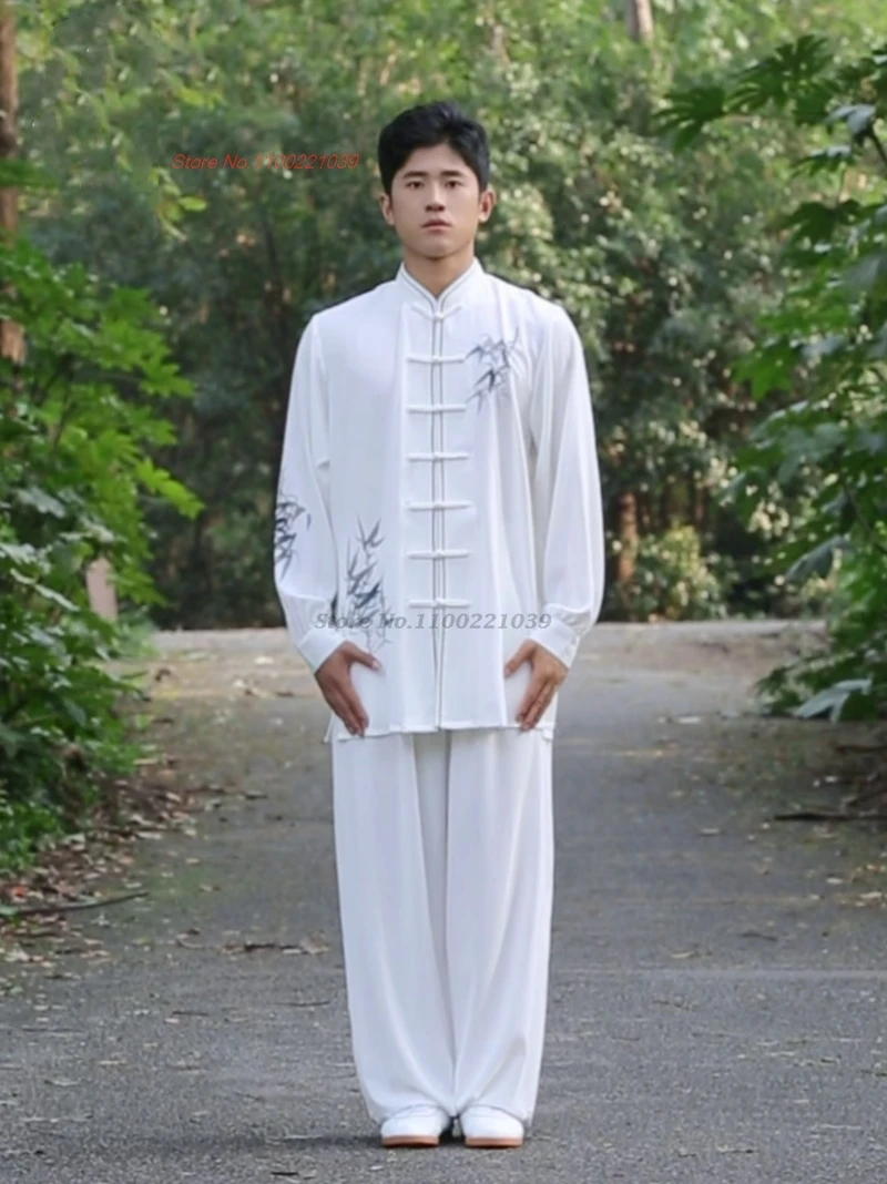 2025 китайский кунг-фу тай-чи, одежда для боевых искусств, традиционный бамбуковый принт, тайцзицюань, тренировочные тренировки, спортивные упражнения на открытом воздухе