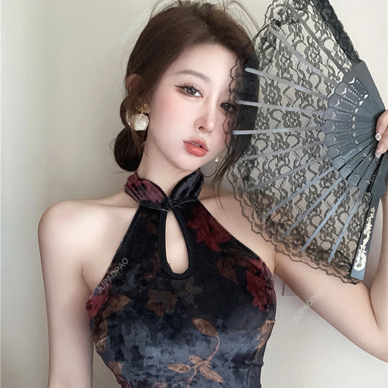 

Retro Style Chinese Women's Summer Sexy Off Shoulder Elegant Cheongsam Banquet Dress Cheongsam Party Hollow Slit Slim Fit Dress