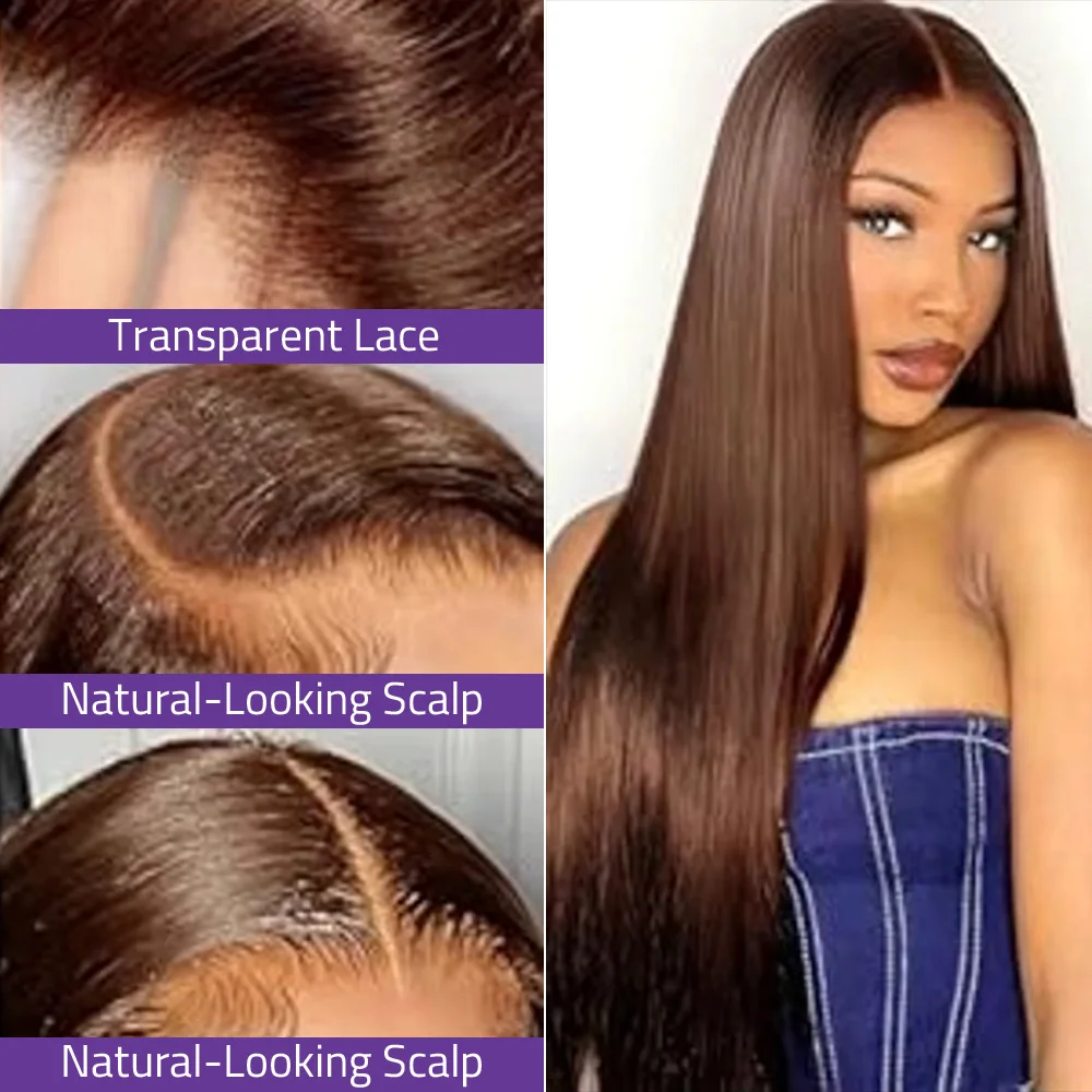 13x4 HD Lace Front Chocolate Brown Straight Wig,100% Human Hair,13x6 Transparent Lace Frontal Wig Preplucked Brown Colored Wig.