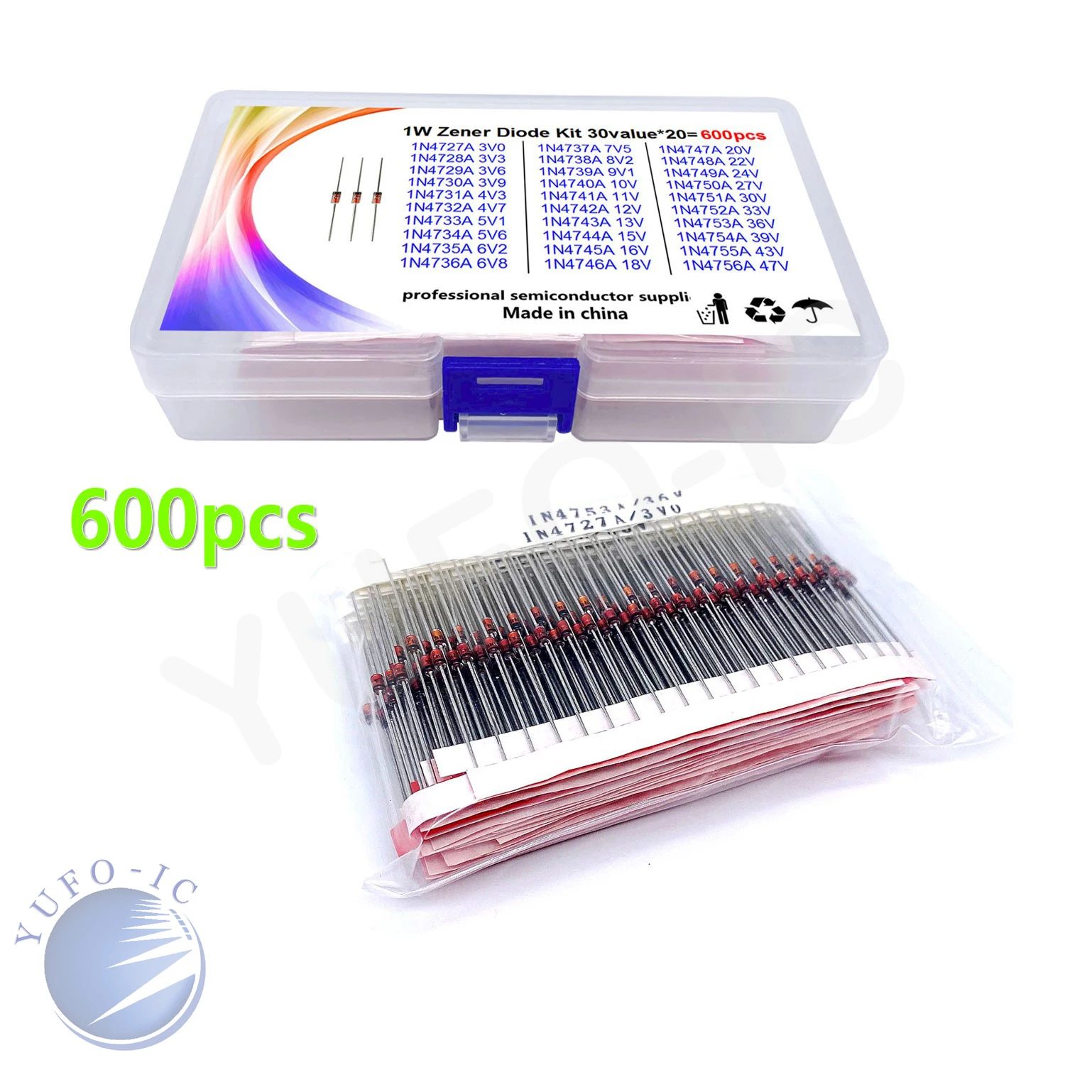 

30Values*20pcs=600pc 1W Zener Diode Kit 3V-47V Sample 1n4742a 1n4756a Assorted IN4728A 4729A 4730A 4731A 4732A 4733A 4734A V