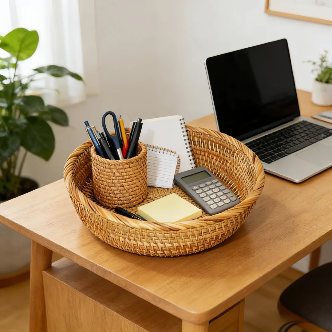 Handgewebtes Vietnam Naturrattan Aufbewahrungskorb-Set, 3-teilig, Geflochtene Obstschale für Küchenarbeitsplatte, Snacks, Heimdekoration und Organisation