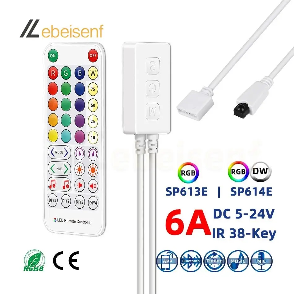 Smart RGB RGBW Bluetooth APP Music Dimmer Controller 5V 12V 24V DC 6A IR Wireless Remote Control for 5050 2835 Color Strip Light