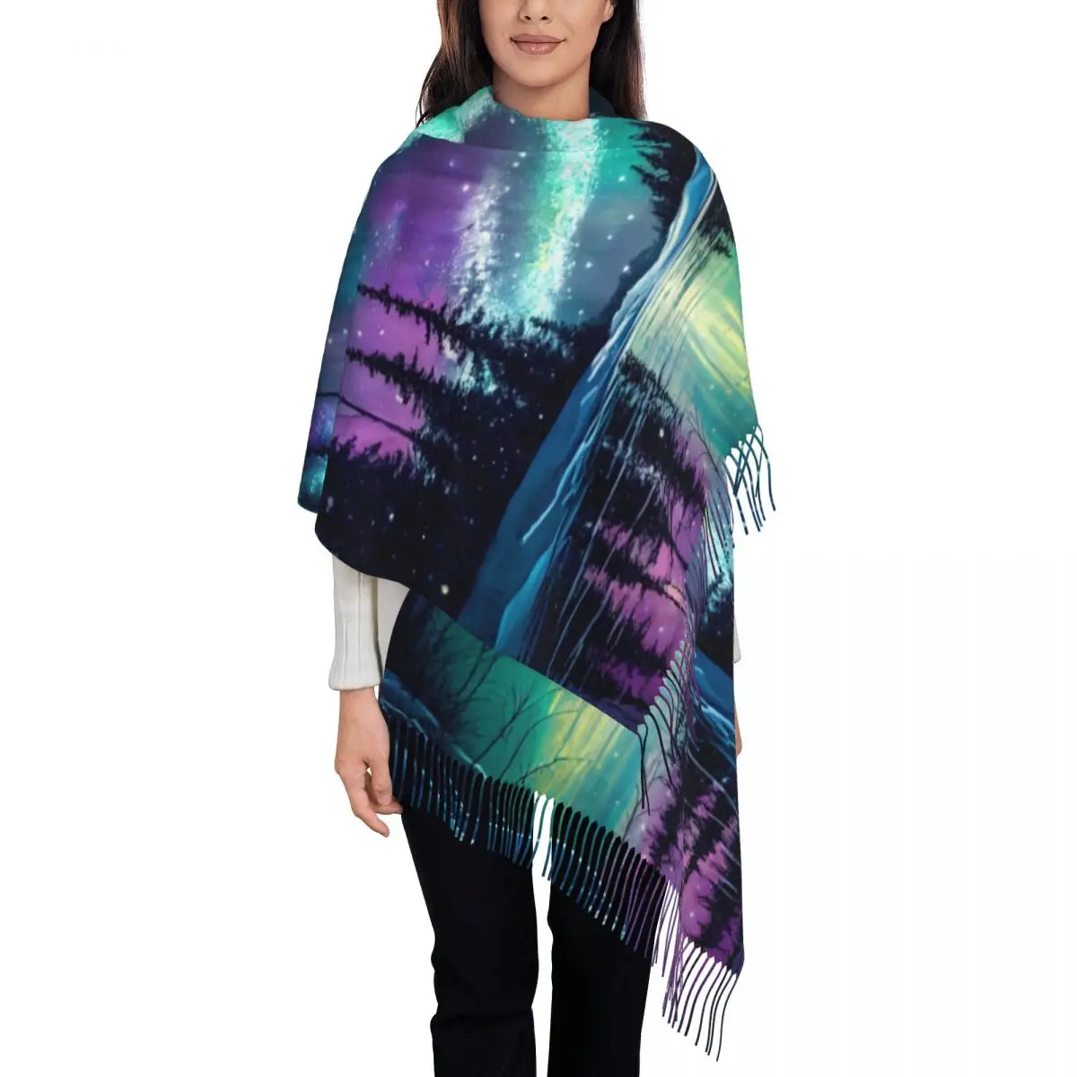 Custom Lady Large Auroras Landscape Scarves Women Winter Fall Thick Warm Tassel Shawl Wrap Scarf