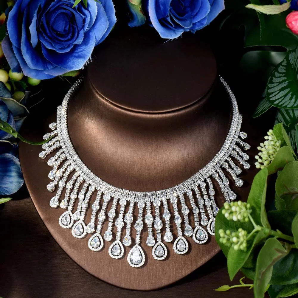 HIBRIDE جديد دفع ديلوكس شرابة كبيرة دمعة قلادة مجموعة مجوهرات الزفاف حفلة عطلة حفلة هدية نيجيريا اكسسوارات S-312 #4