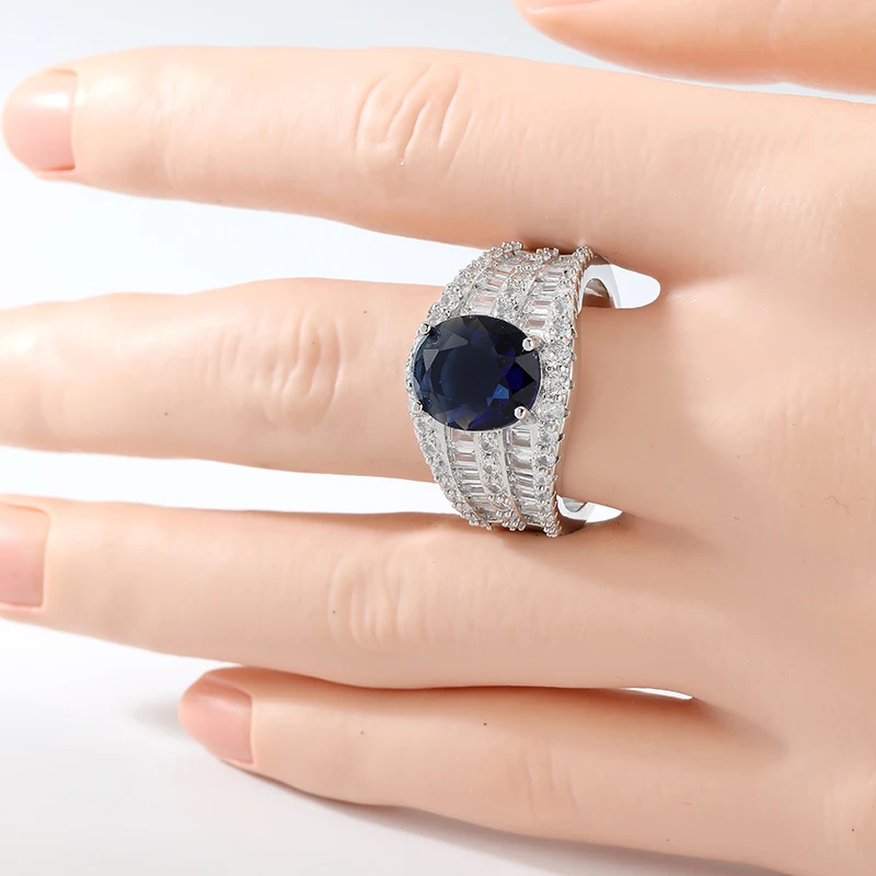 Aesthetic Design Luxury Blue Synthetic Zirconia Multilayer Eternal Ring for Women Elegant Temperament Wedding Engagement Jewelry