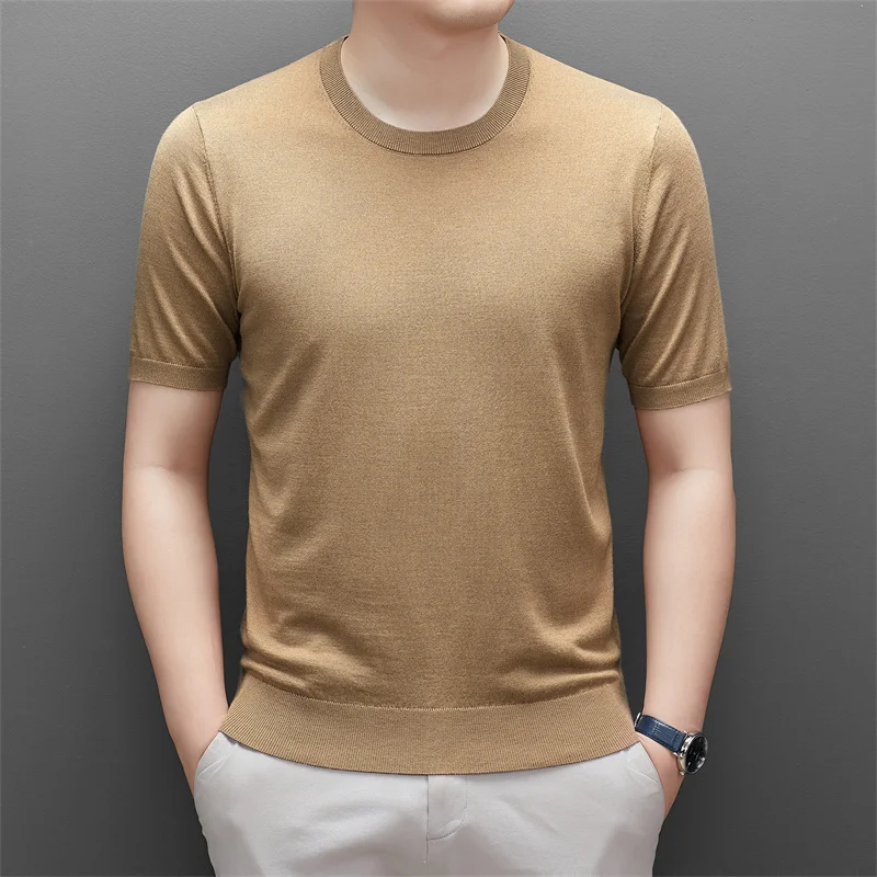 High Quality Men's Sheep Wool Tee Clothes Spring & Autumn Casual O-Neck Knitwear Tops Male Short Sleeve  Silk Wool Jumpers