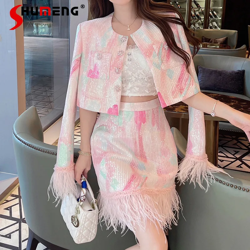 

Light Luxury Heavy Embroidery Sequins Ostrich Feather Fashion Suit 2024 Spring Winter Long Sleeve Top Nice Skirt Women's Clothes