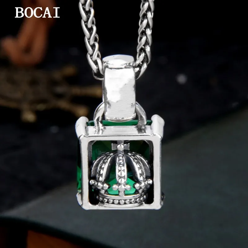 BOCAI New S925 Pure Silver Letter Graffiti Trendy Brand Crown Emerald Square Zirconia Pendant Men's and Women's Gifts