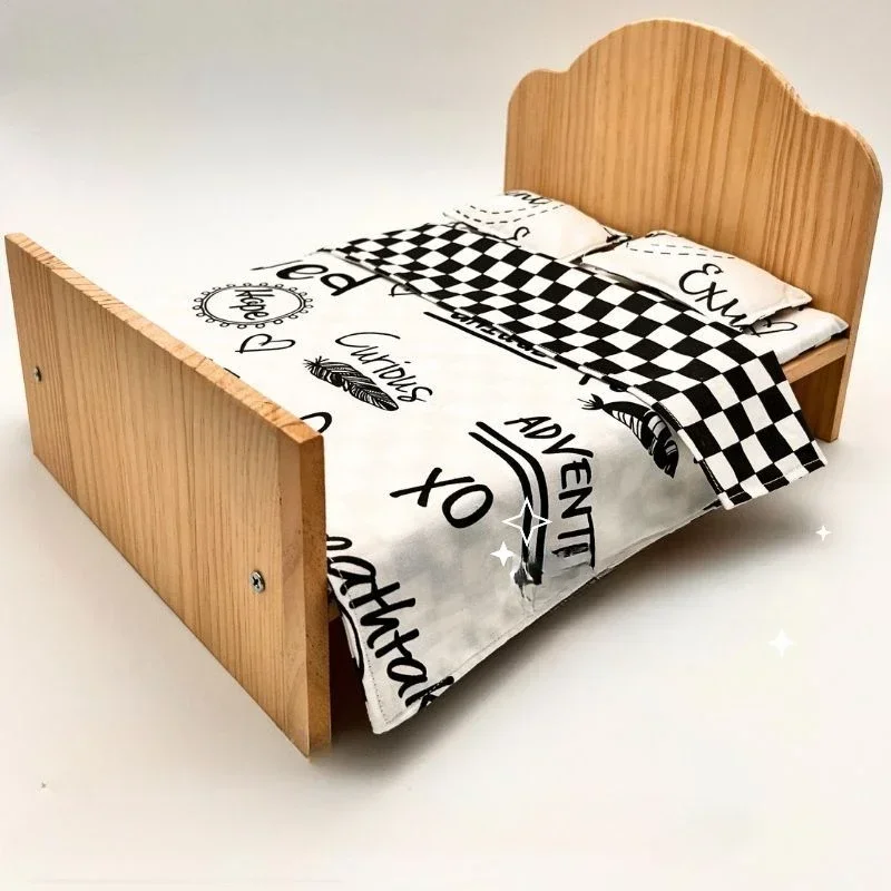 Mini solid wood doll small bed 34cm double bed single bed BJD6 inch cotton doll minimalist furniture bed