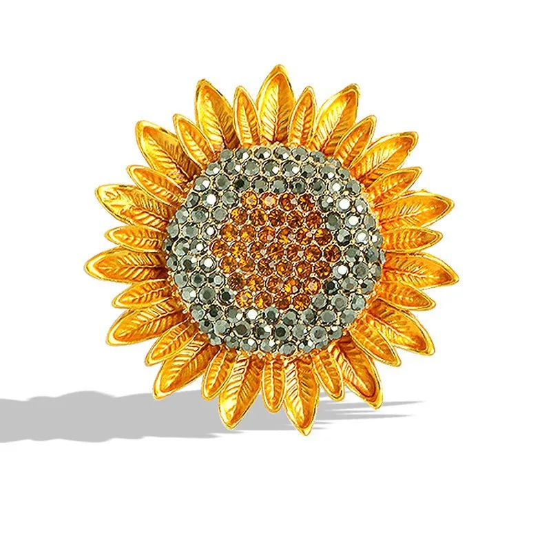 Vintage Full Rhinestone Sunflower Brooches For Women Gold Color Luxury Design Metal Casual Office Party Brooch Pins Jewelry