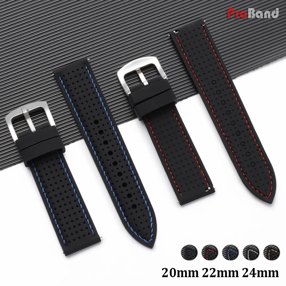 20mm 22mm 24mm Universal Rubber Watch Straps Black Breathable Silicone Sport Watch Band Quick Release Bracelet Men's Accessories