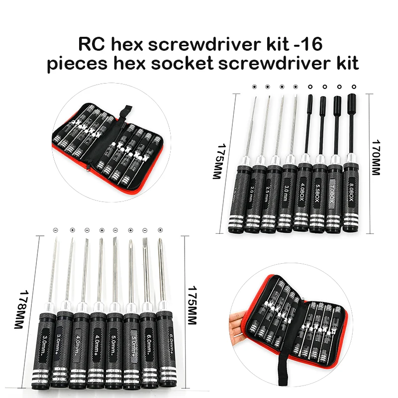 

RC Hex Driver Set - 16pcs Hex Allen Screwdriver Kit Hex Nut Driver Set Wrench Key Driver Tool for Rc Car Trxs Helicopter