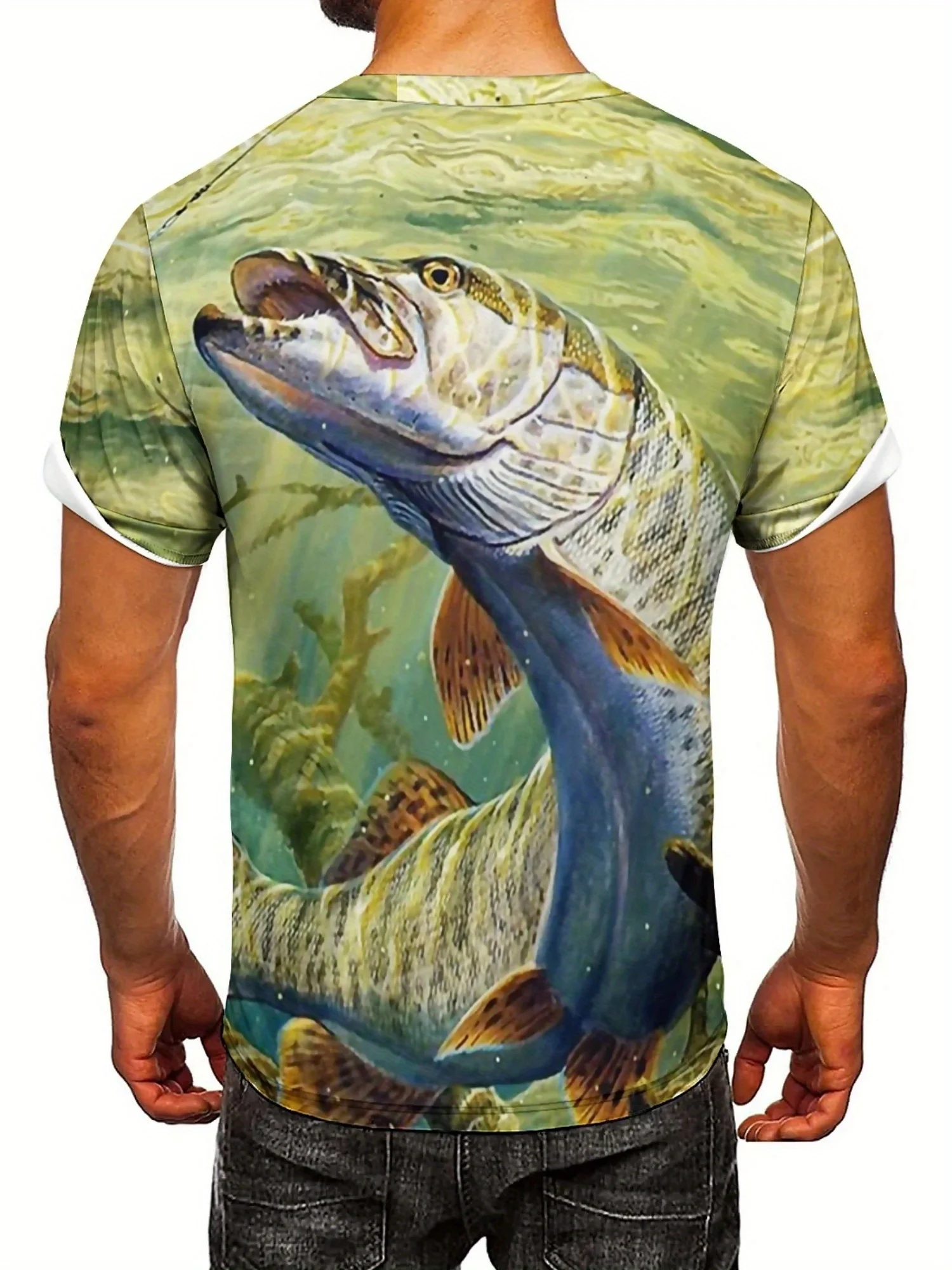 Camiseta masculina com estampa de peixe 3D – poliéster macio, manga curta, gola redonda, estilo casual e esportivo, conforto para todas as estações,