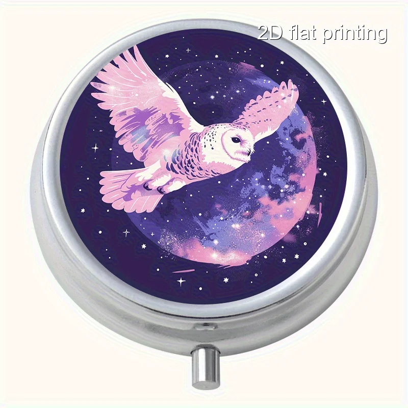 1Pc Creative Owl Print Pattern Round Metal Box with 3 Compartments, Portable Mini Metal Box, Vitamin Metal Box, Portable Metal Box for Home and Travel, Multifunctional Organizer Box for Decorations, Earrings, Jewelry, Multi-Compartment Storage Small Metal Box, Sealed and Moisture-Proof, Unique Holiday Gift for Family and Friends