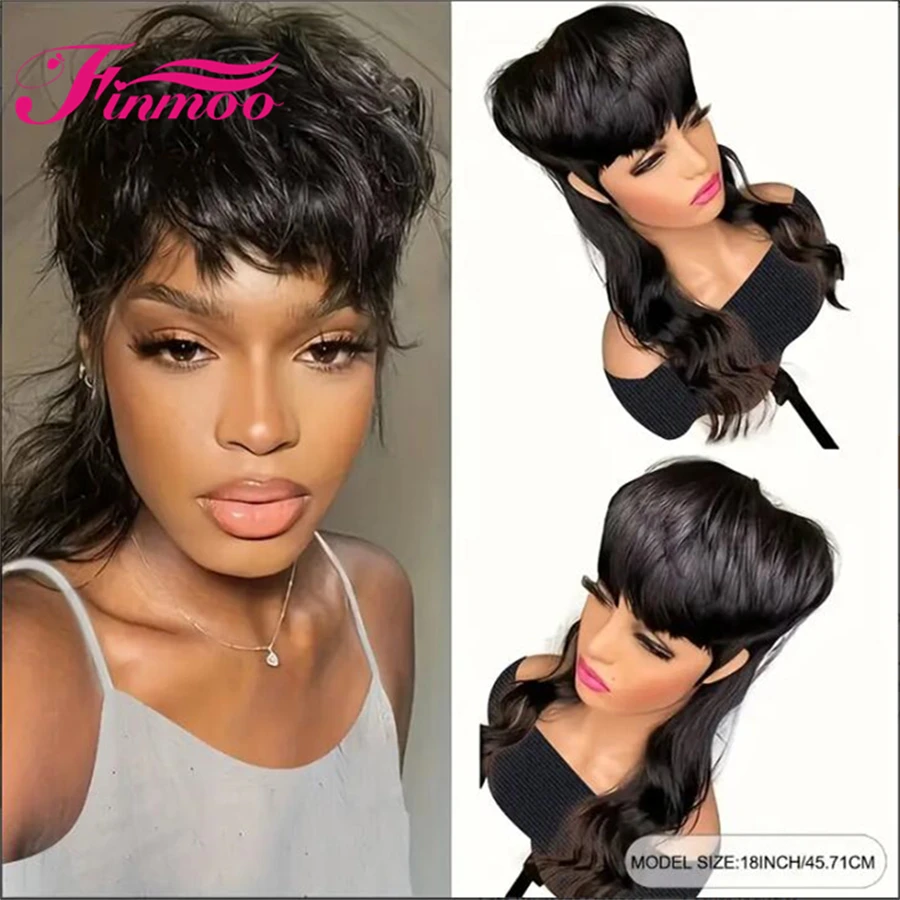 Mullet Glueless Wig Human Hair Ready To Wear Pixie Wig Full Machine Made Wig Body Wave Human Hair Wigs For Women With Bang