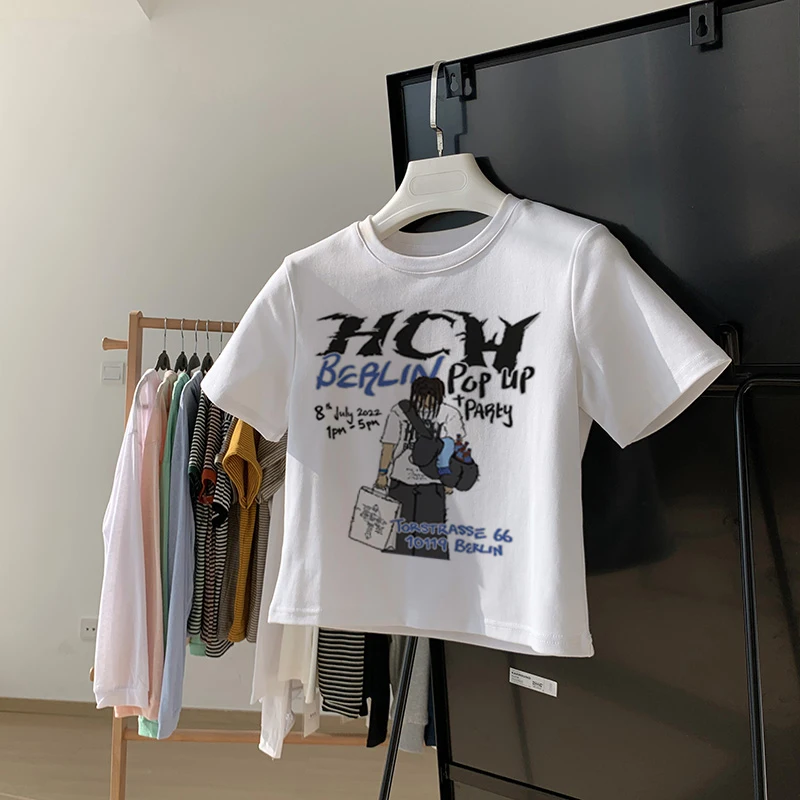 Y2k Crop Cotton T Shirts Fashion Women Anime Top Harajuku Slim White Summer Sexy Femme Streetwear Cartoon Letters Aesthetics