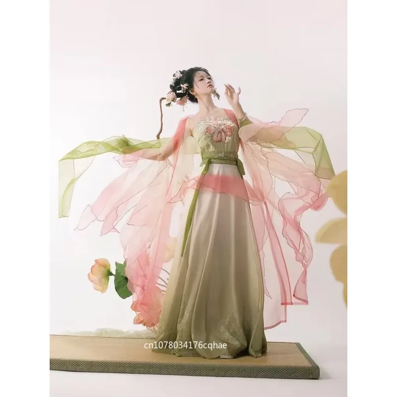 

Retro Tang Hanfu, pink and green printing, fairy style party costume