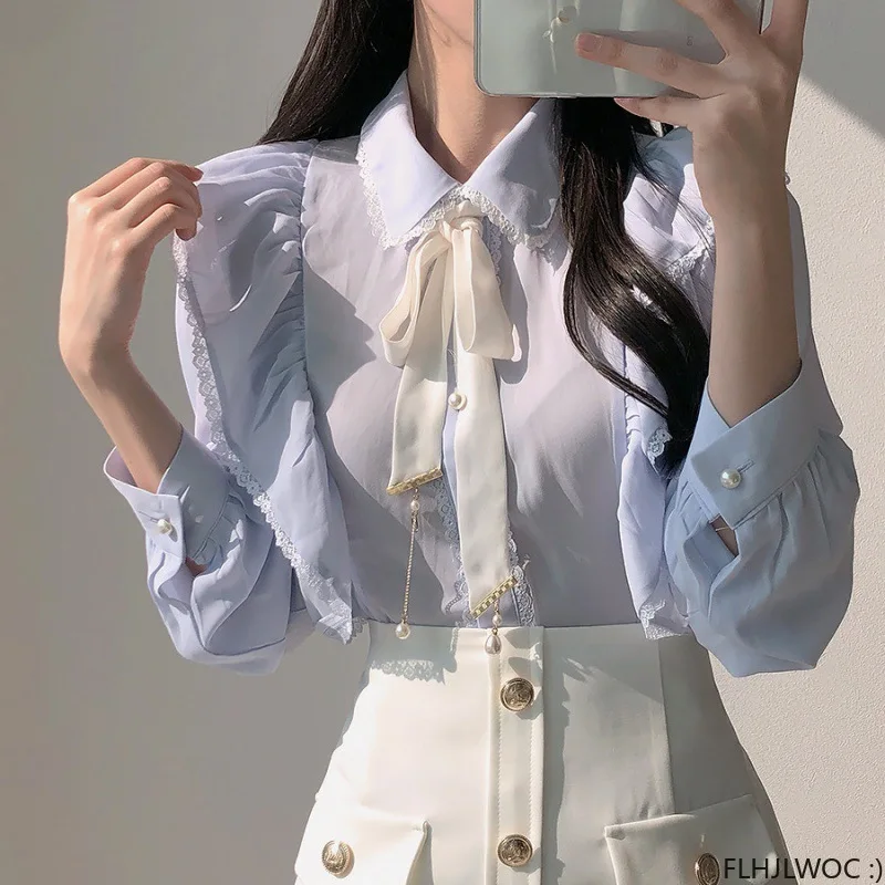 Women\'s Ruffles Cute Bow Tie Tops Preppy Style Vintage Japanese Korea Design Button Elegant Formal White Pink Shirts Blouses