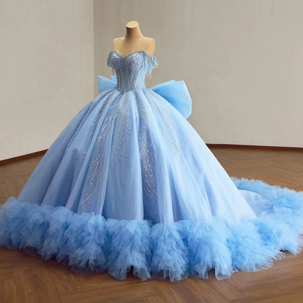 Blue Vestidos de Quinceañera Crystal Beaded Sweetheart Ball Gown Ruffle Bottom Quinceanera Evening Birthday Dress
