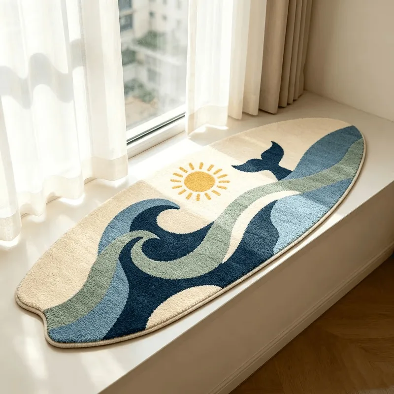Nautical Wave Whale Tail Surfboard Shape Doormat Soft Plush Irregular Floor Rug Home Window Side Decoration