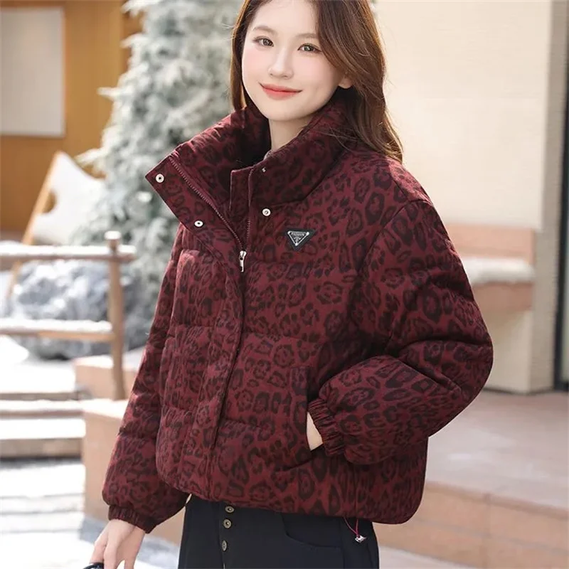 

Leopard print Down cotton Jacket Short 2026 New Winter Fashion Loose Thick Stand collar Bread Coat Women's Warm Parka Overcoat